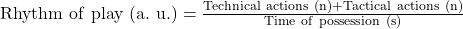  \mathrm{Rhythm\ of\ play\ (a.\ u.)} = \frac{\mathrm{Technical\ actions\ (n)} + \mathrm{Tactical\ actions\ (n)}}{\mathrm{Time\ of\ possession\ (s)}} 